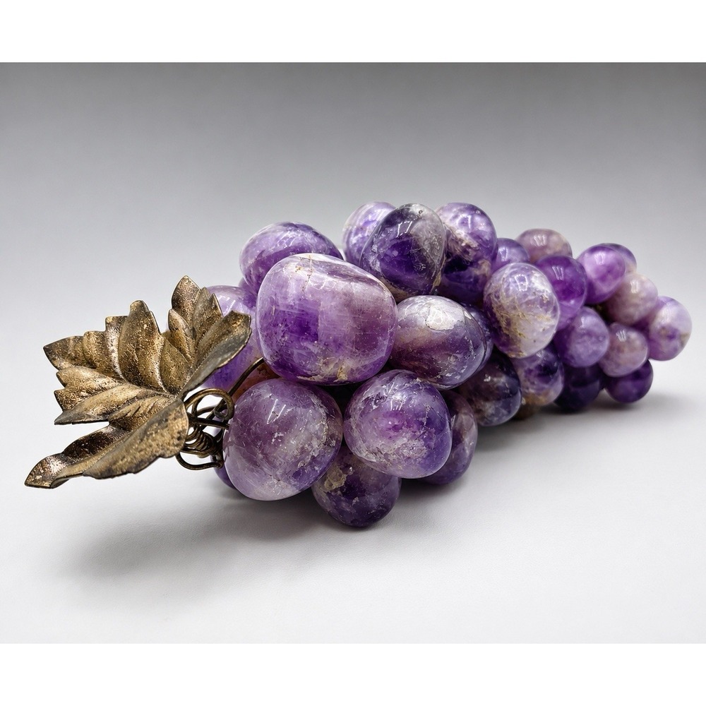 Vintage Amethyst Gemstone Grape Cluster Silver Tone Leaf MCM Italian Decor